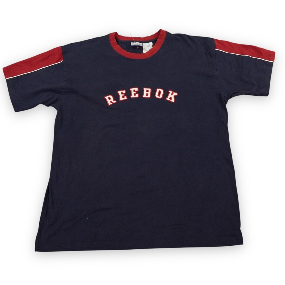 VTG Reebok Shirt‎ Mens XXL Blue Red Spellout Arch Logo Streetwear Y2K ColorBlock